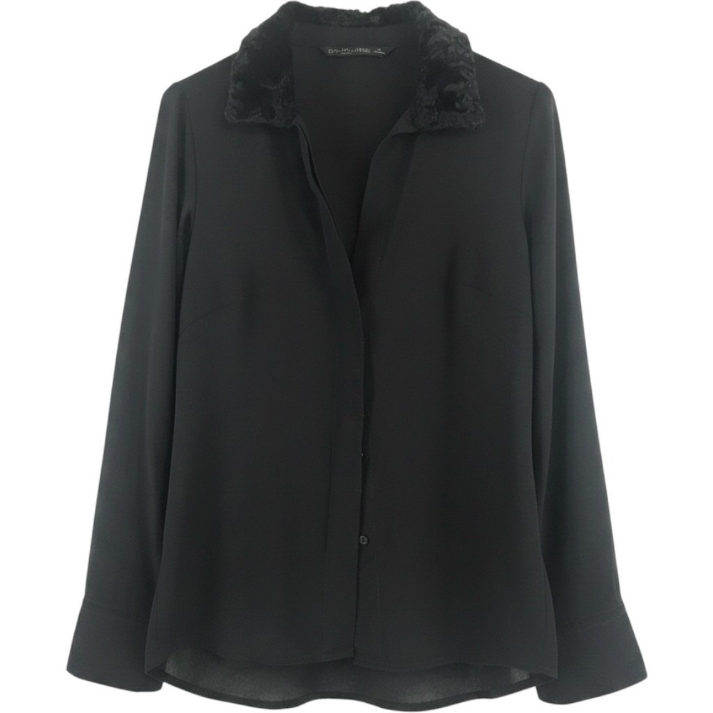 Zara Basic Collection Black Faux Fur Collar Button Up Blouse Long Sleeve Top XS